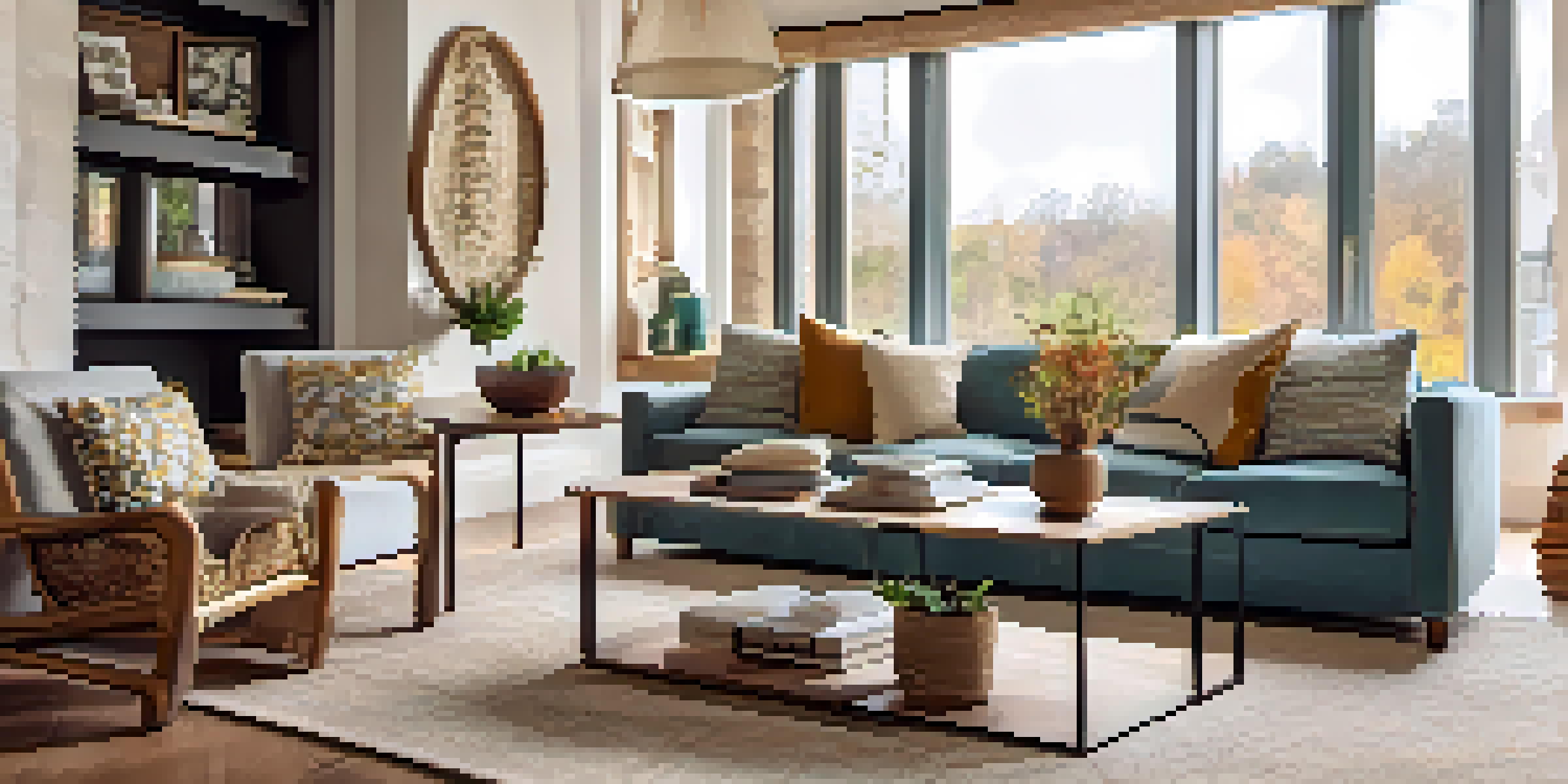 A cozy living room with a sectional sofa, large windows, and warm lighting, showcasing a harmonious arrangement of furniture.