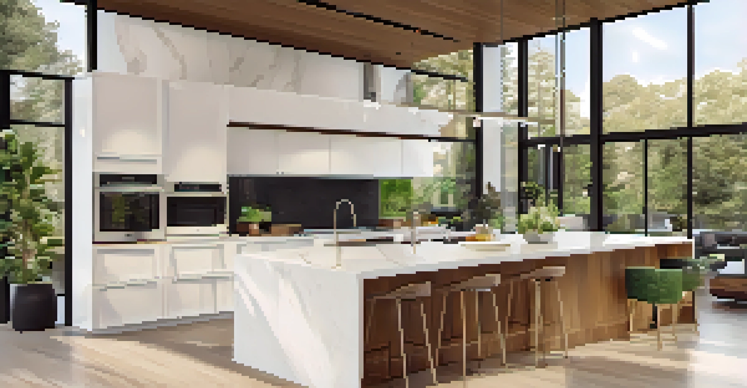 A modern kitchen with smart technology and an open layout, featuring an island, natural light, and decorative plants.