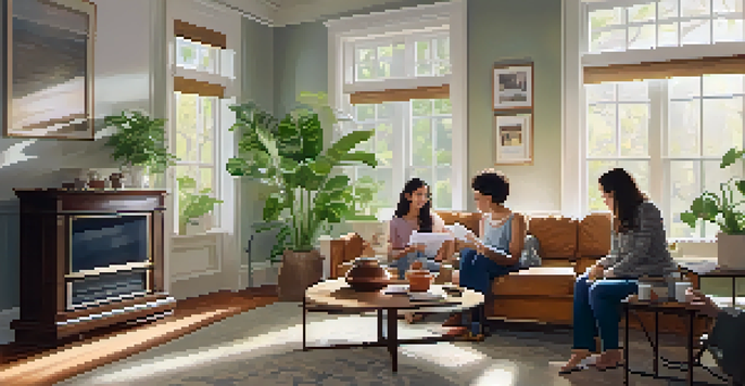 A family gathered in a cozy living room, looking at a radon gas testing report on the coffee table, with warm lighting and family photos on the walls.