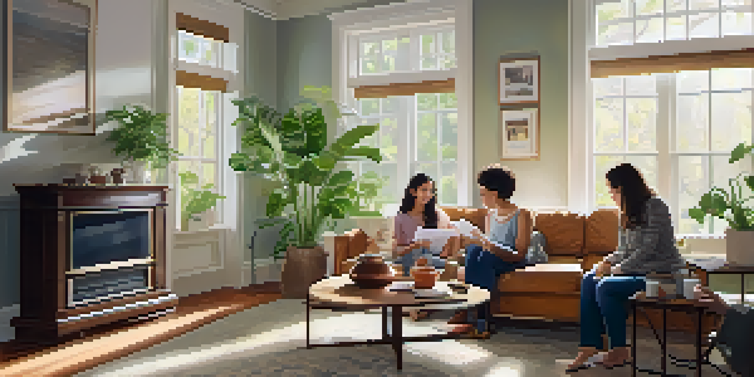 A family gathered in a cozy living room, looking at a radon gas testing report on the coffee table, with warm lighting and family photos on the walls.