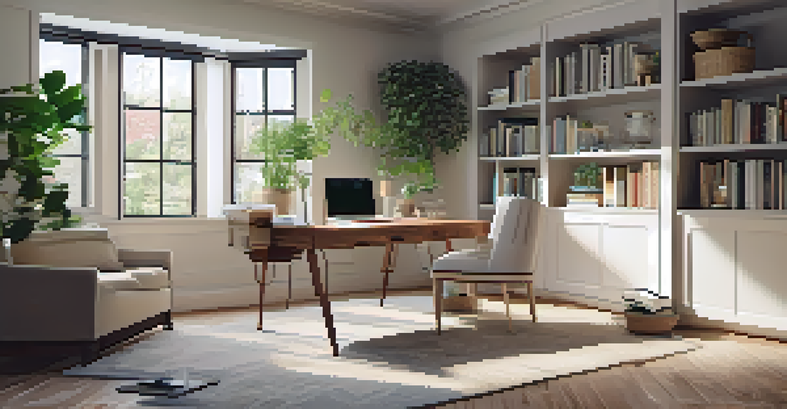 A cozy home office nook in an open living space with a desk, chair, and plants, illuminated by natural light.