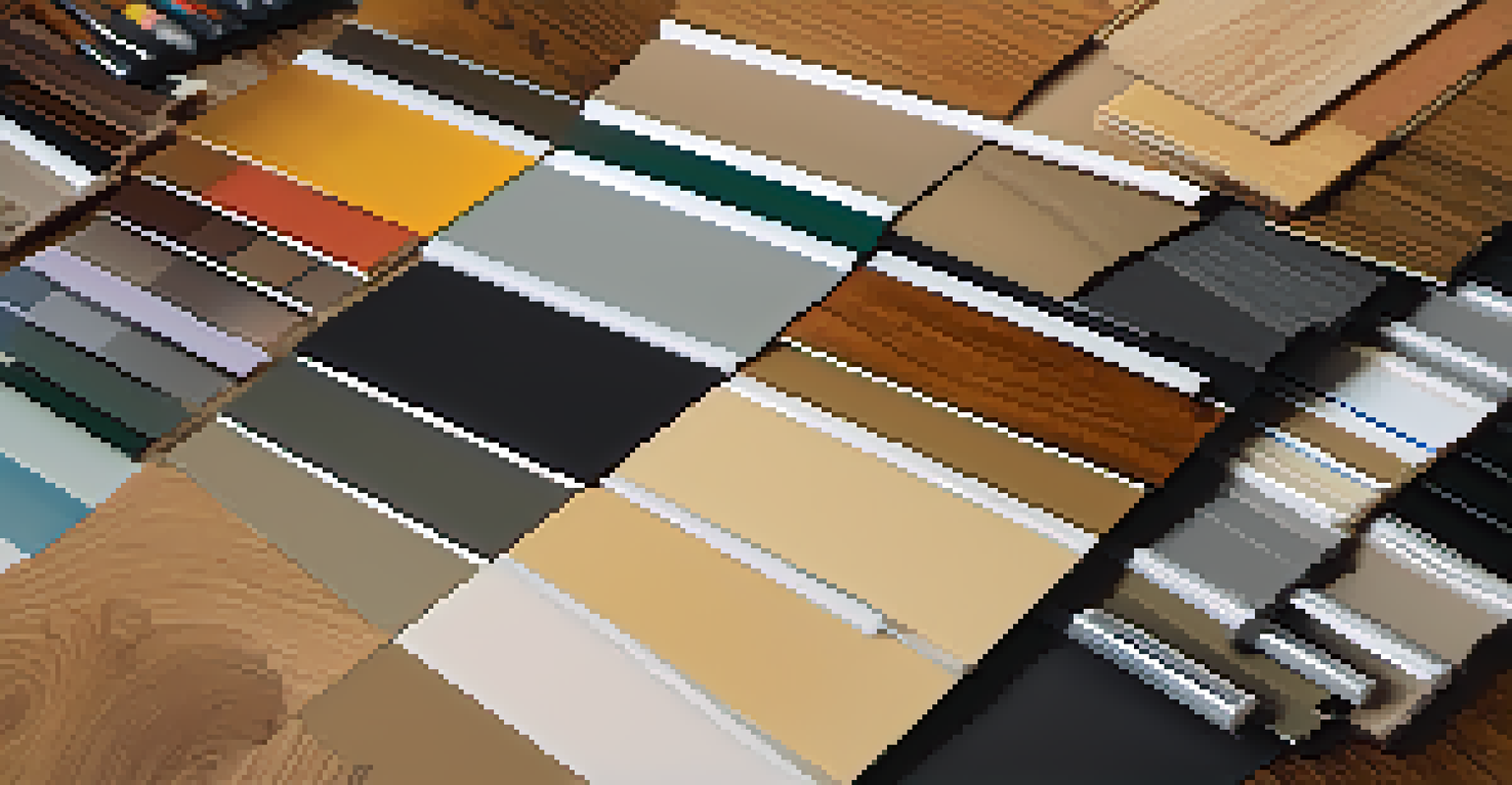 A close-up of hardwood floor samples, matte black fixtures, and paint colors showcasing various textures and design options.