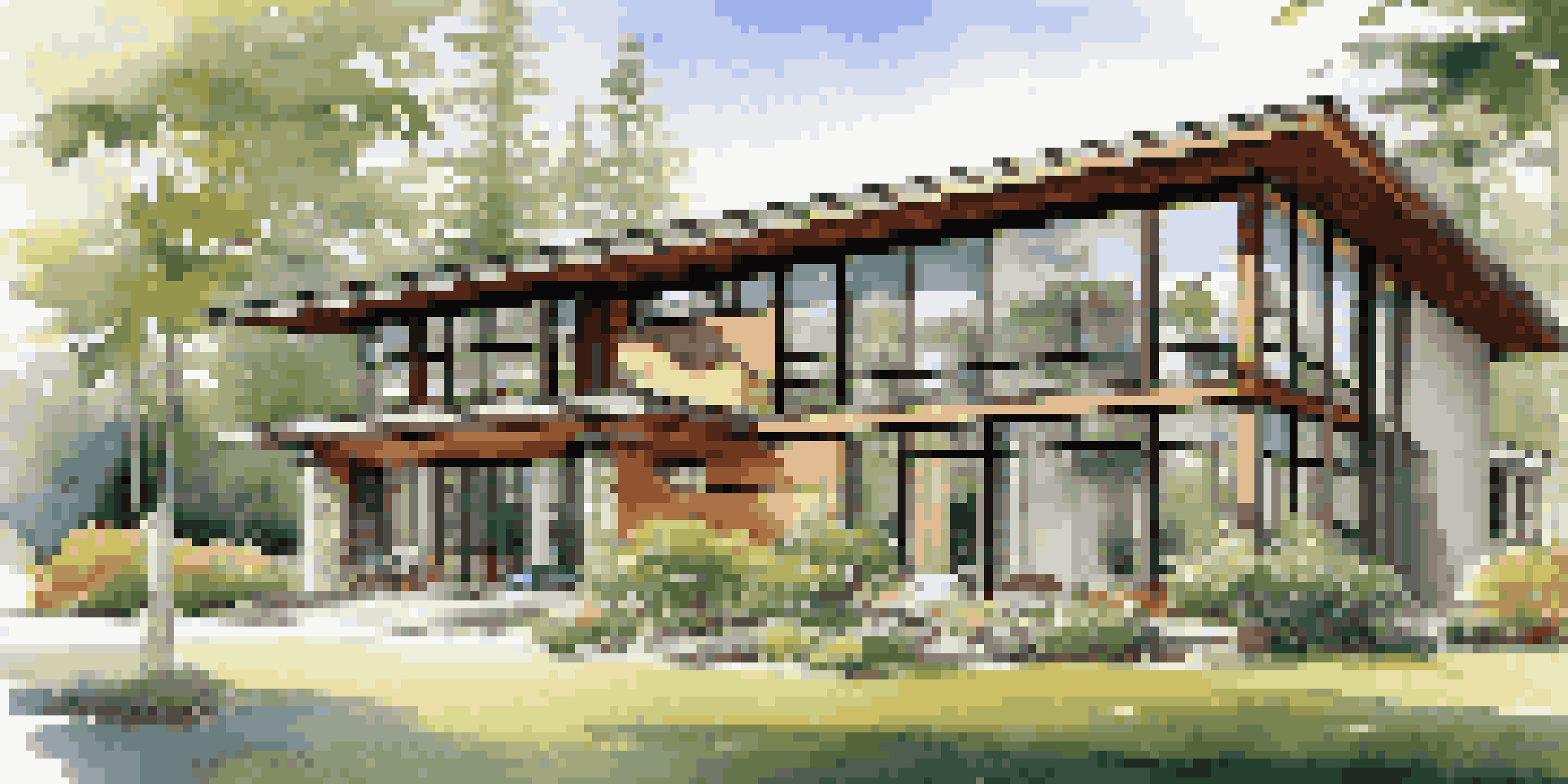 A modern home with large windows and lush landscaping, showcasing natural ventilation and sunlight.