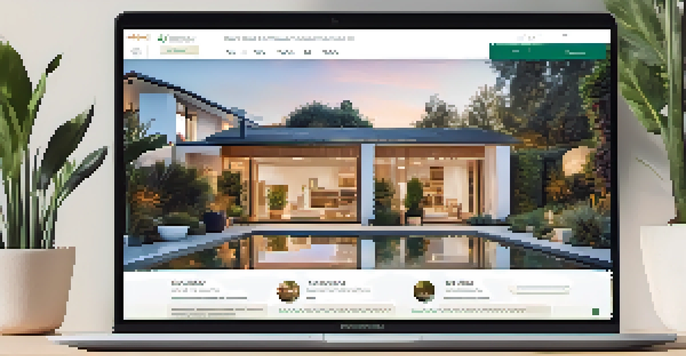 A laptop displaying a modern real estate website with property listings in a cozy home environment.