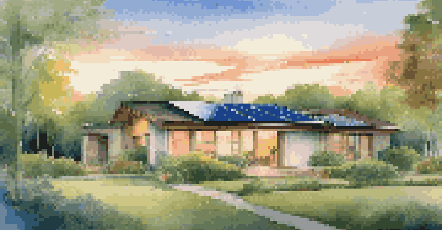 An eco-friendly home with solar panels, set in a green landscape during sunset, emphasizing sustainability.