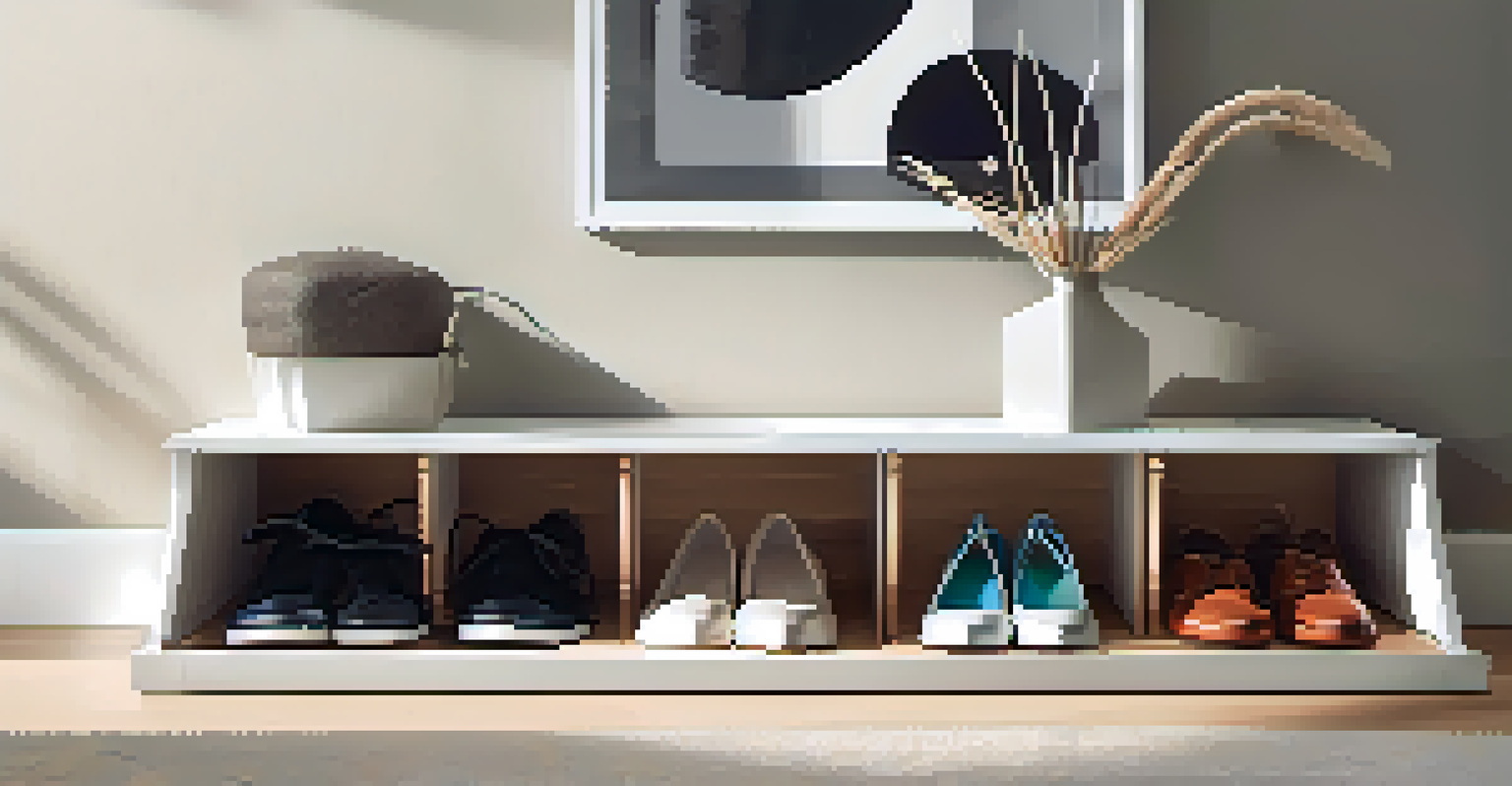 A modern entryway with clear under-bed storage bins neatly organizing shoes beneath a platform bed.