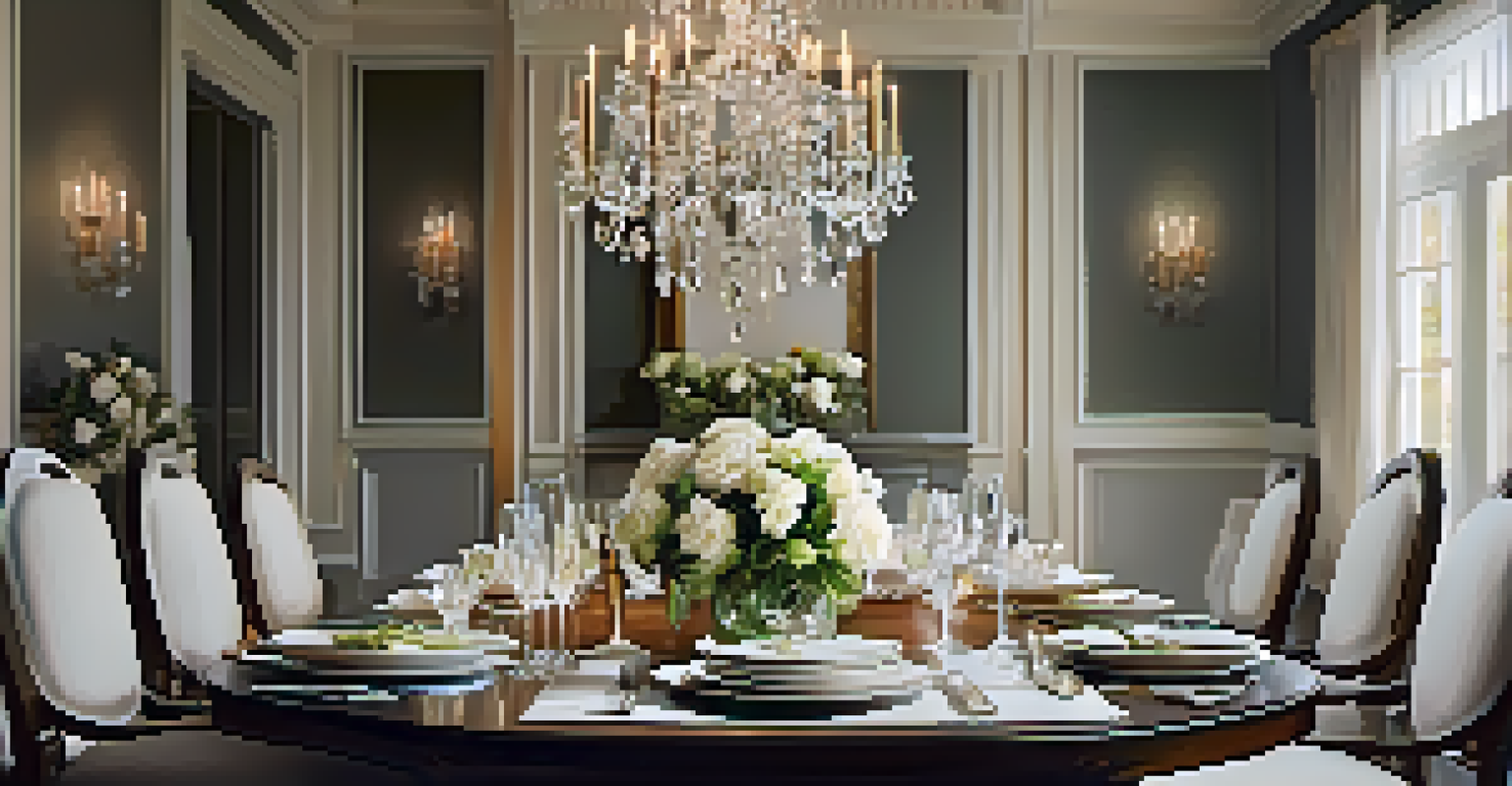 An elegant dining room with a beautifully set table and warm lighting, perfect for a meal.