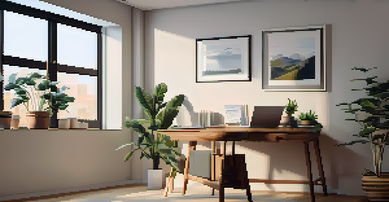 A cozy workspace with a wooden desk, laptop, financial documents, and a potted plant, illuminated by soft light.