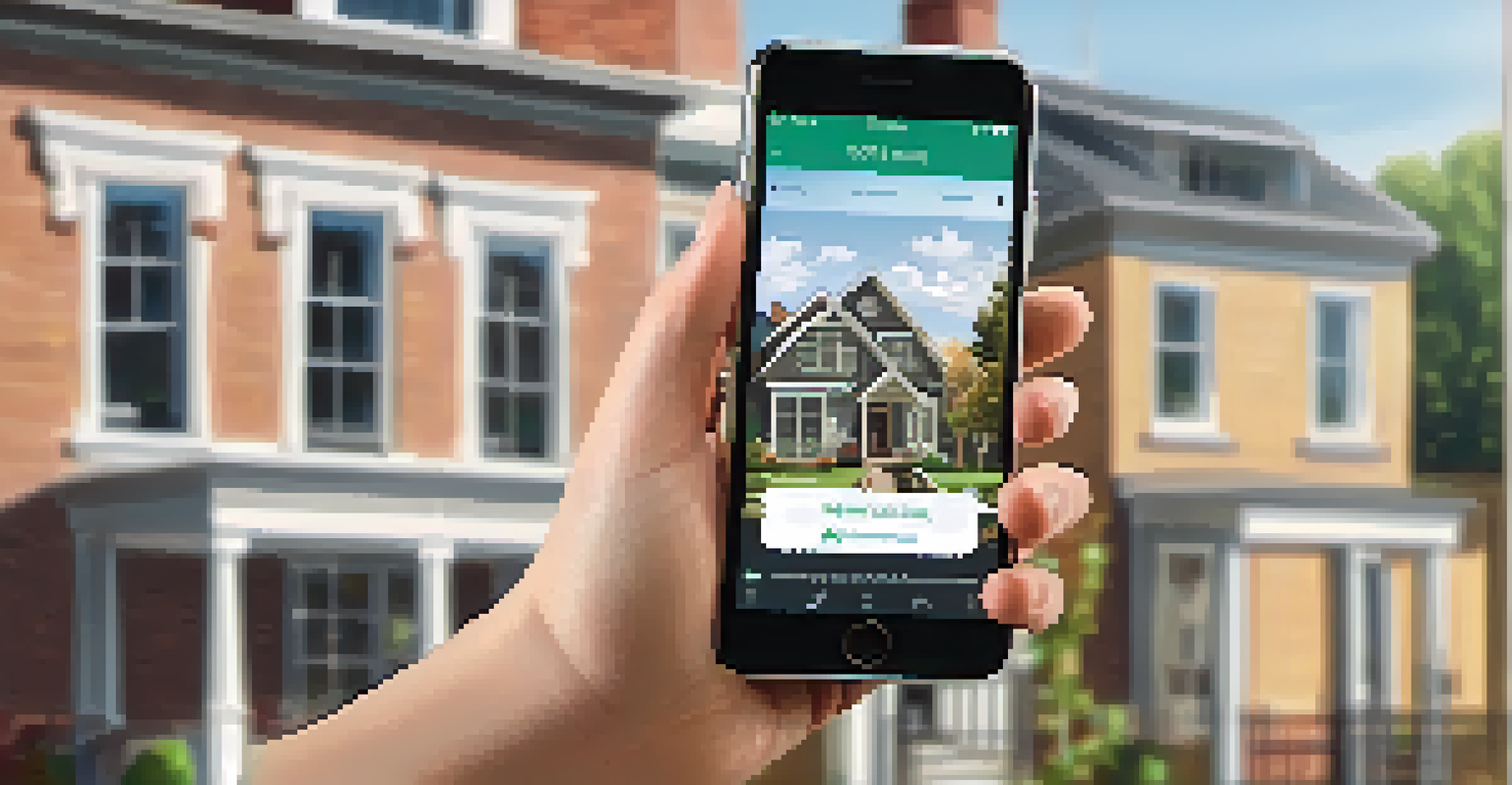 A close-up of a hand holding a smartphone displaying a real estate crowdfunding platform with property listings in a cozy home setting.