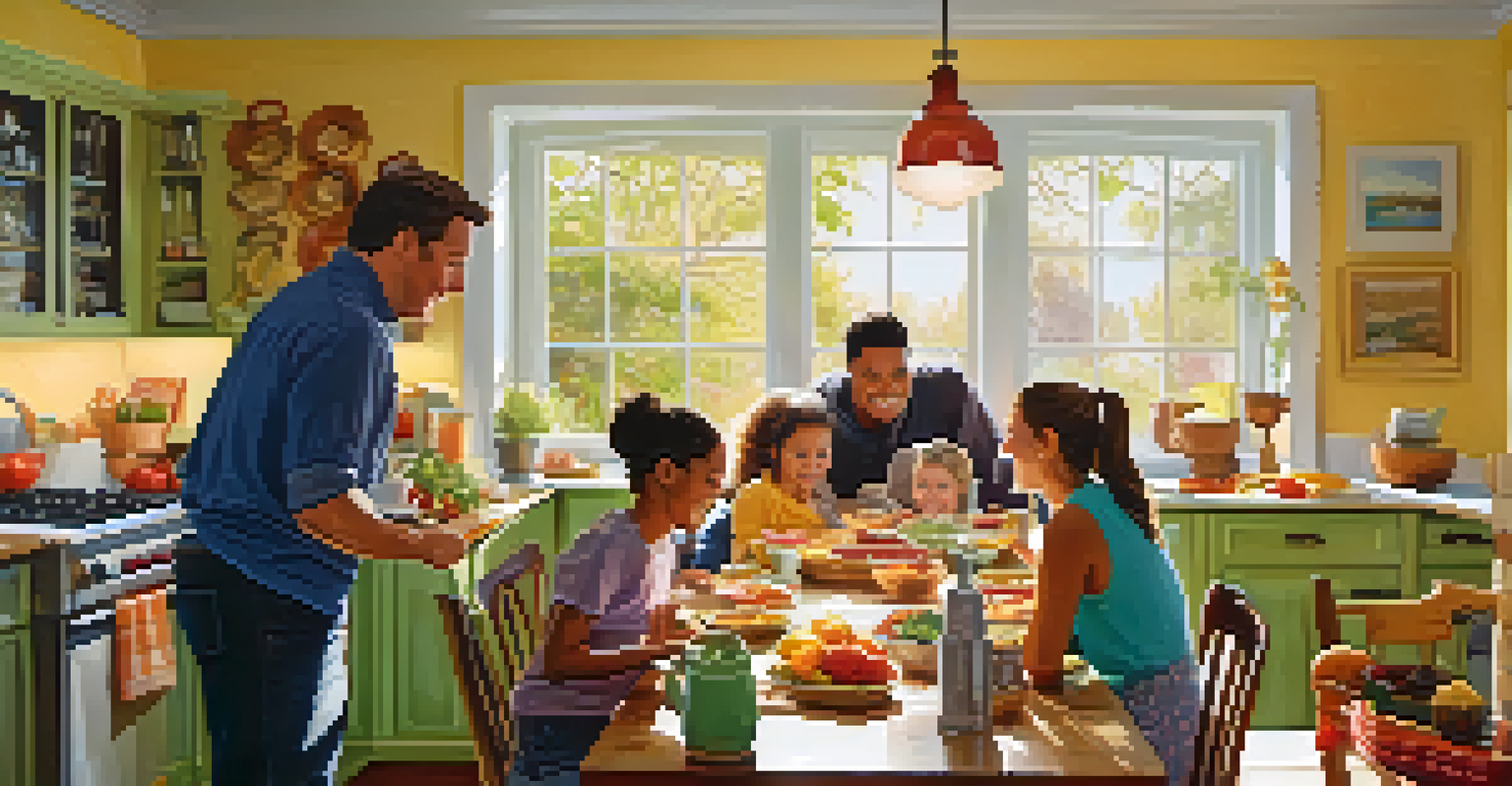 A family enjoying a meal together in a bright kitchen filled with homemade food.