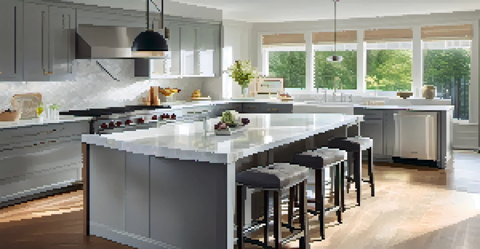 A modern kitchen with an island, bright colors, and natural light coming through large windows.