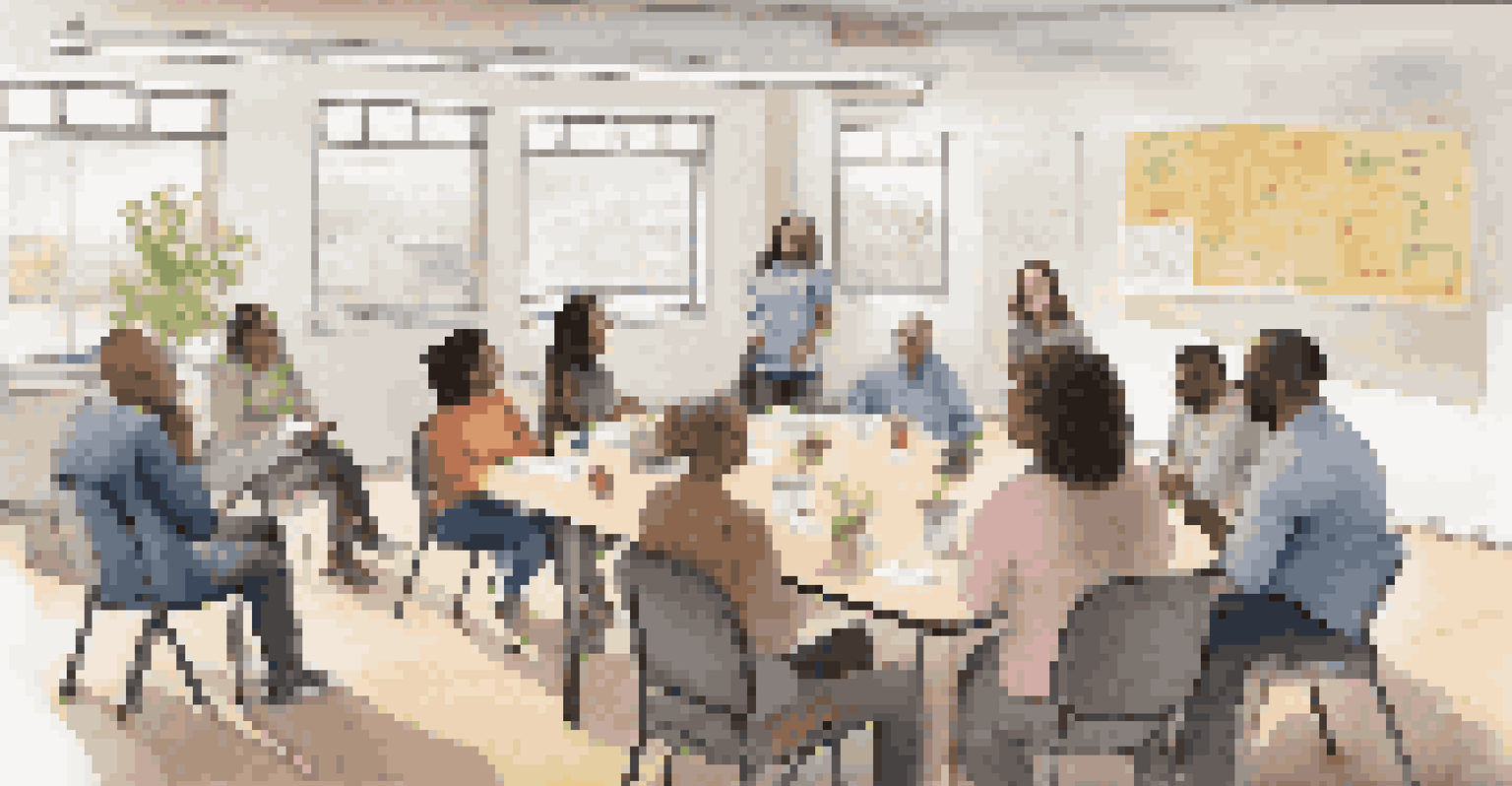 Diverse tenants in a community meeting room discussing property improvements with a whiteboard and motivational posters.