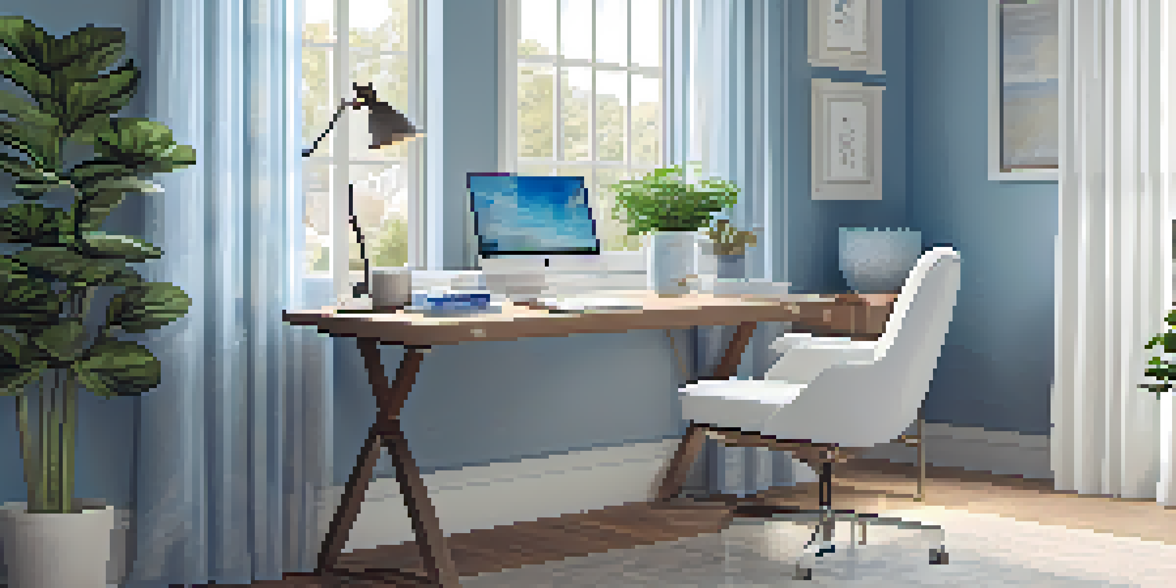 A peaceful home office with blue walls, a white desk, and natural light coming through a window, featuring plants and blue decor items.