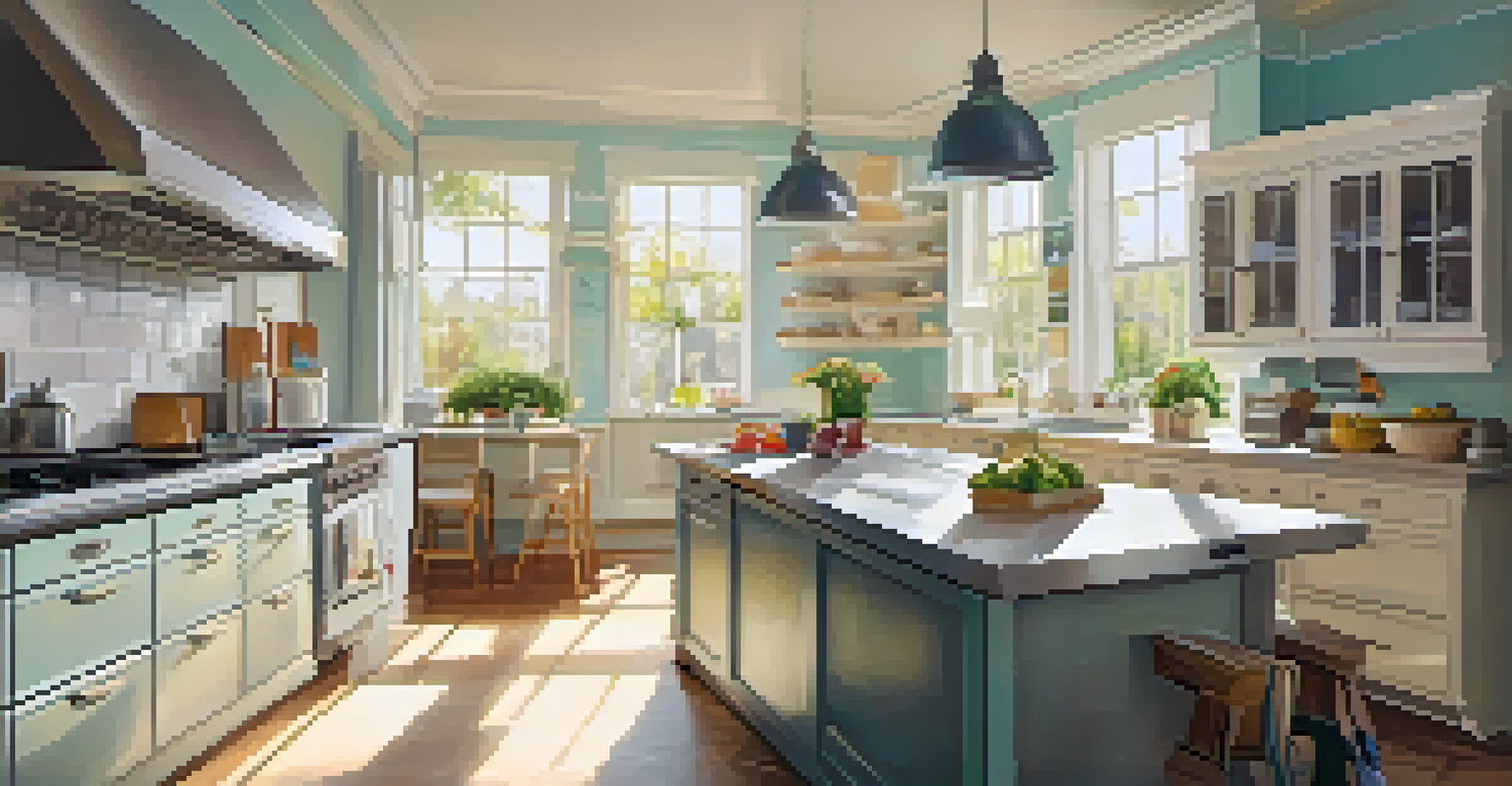 A bright kitchen being deep cleaned, with shiny appliances and a person scrubbing the countertops, highlighting cleanliness.