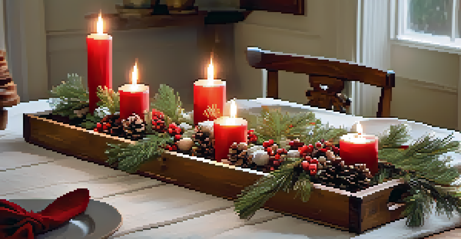 A winter centerpiece with pine branches, berries, and candles on a dining table, creating a cozy atmosphere.
