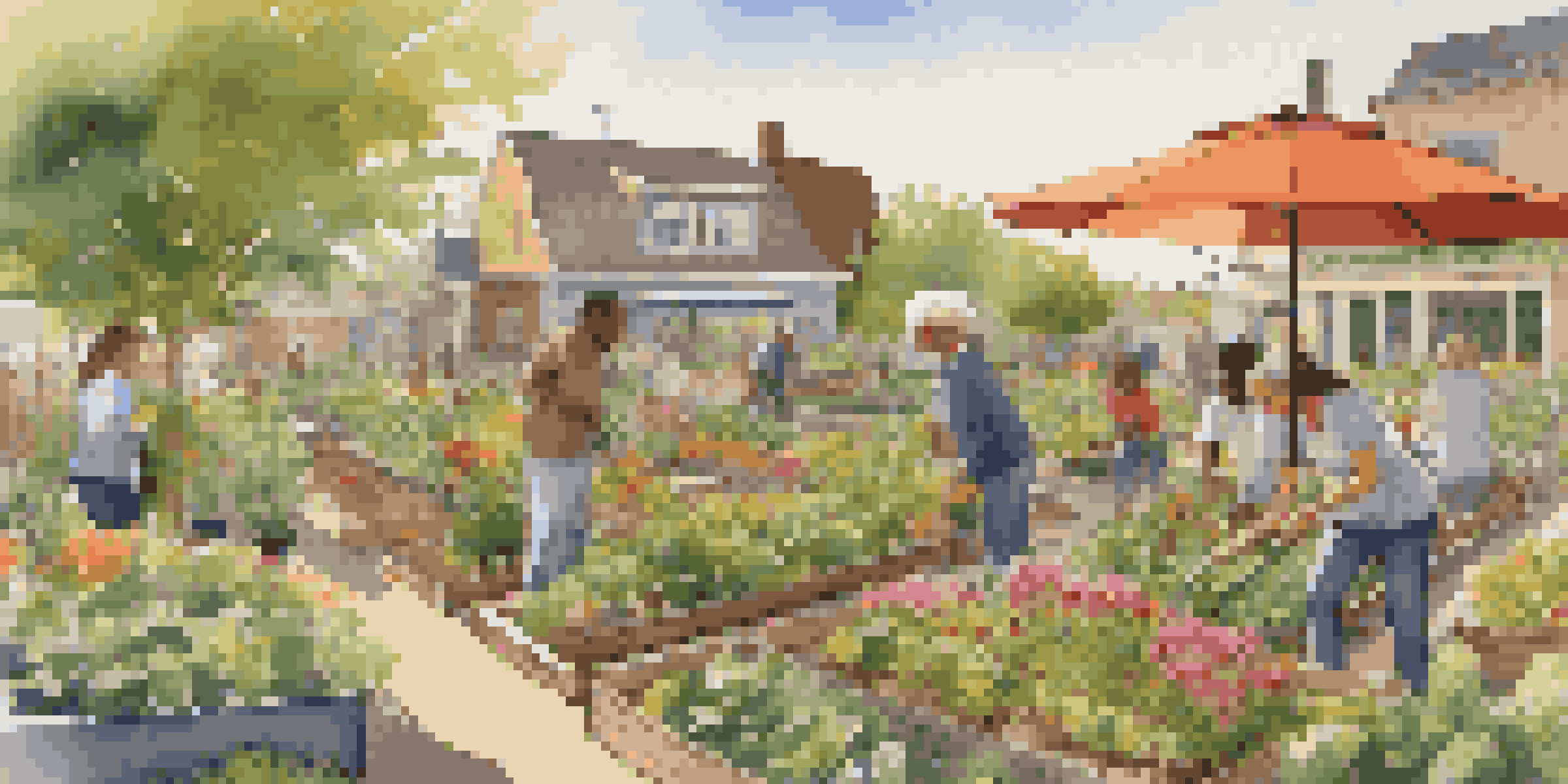 A lively community garden filled with various plants and flowers, with people gardening under the warm sunlight.