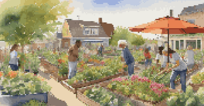 A lively community garden filled with various plants and flowers, with people gardening under the warm sunlight.