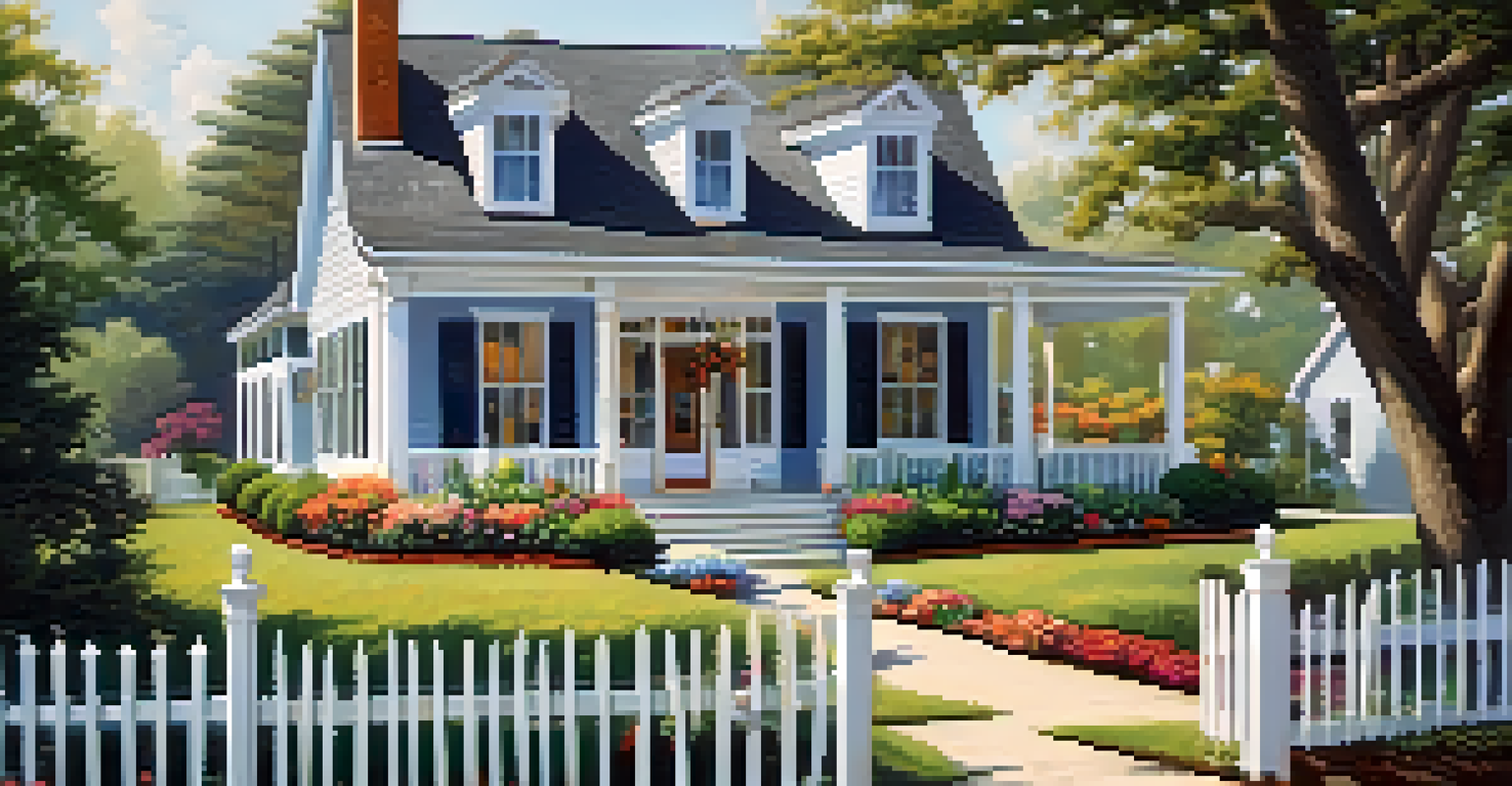 A charming house with a porch and garden, surrounded by a clear blue sky.