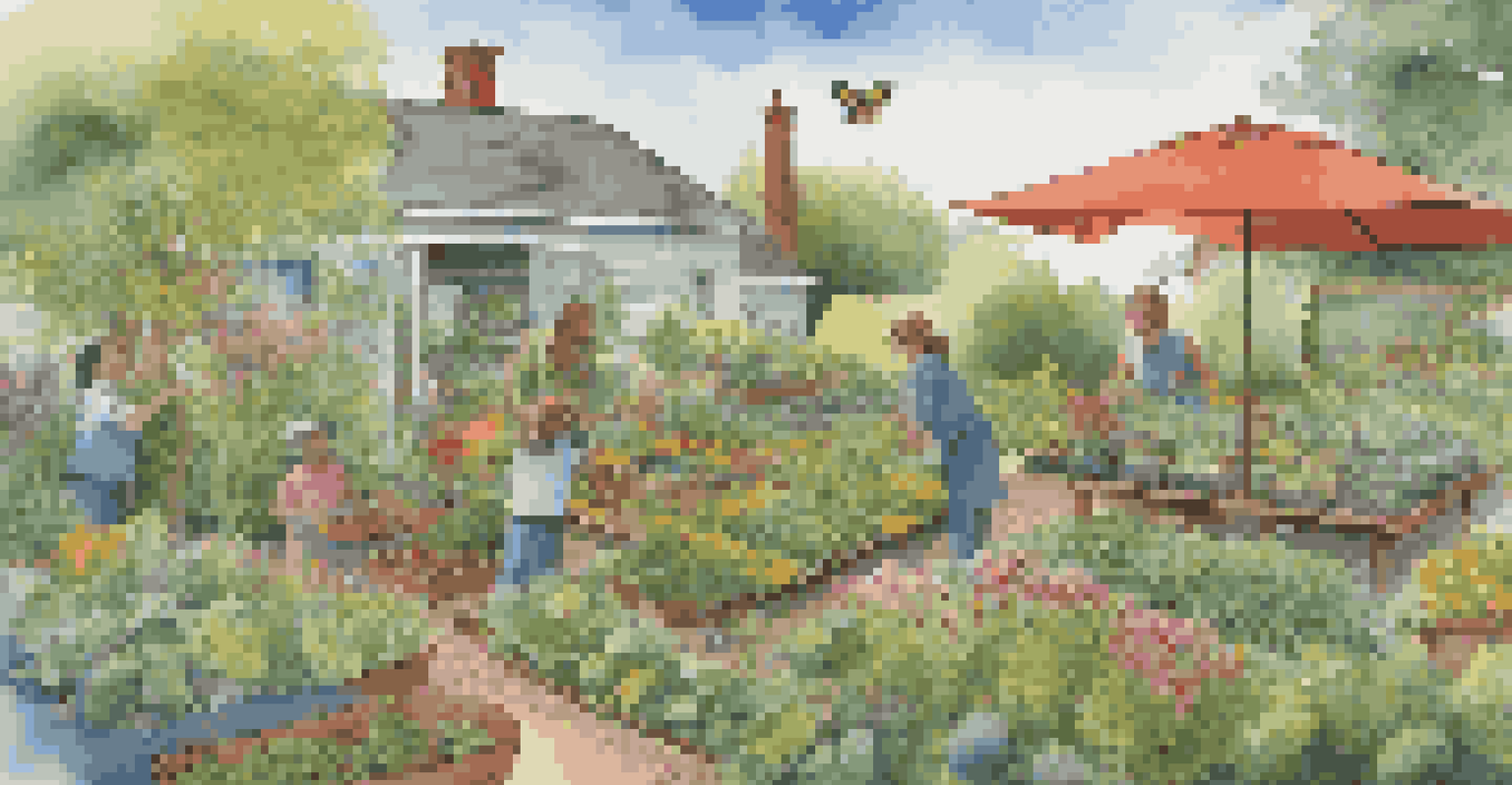 An outdoor garden with vegetables and herbs, featuring a rainwater collection system and a family tending to the plants.
