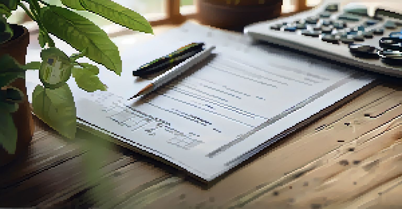 A close-up of a building code document on a wooden table, with a measuring tape and calculator, and a potted plant in the background.