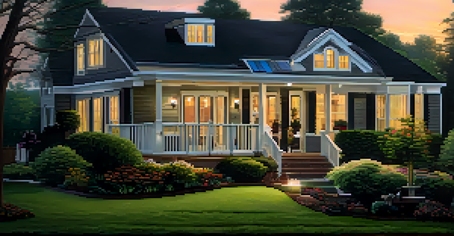 A suburban home at dusk featuring a smart security system with a doorbell and cameras, surrounded by beautiful landscaping.