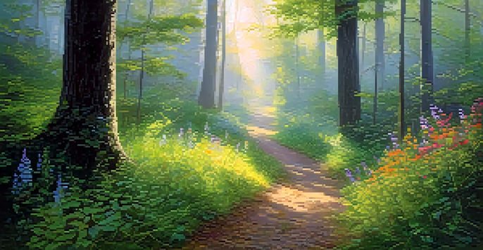 A peaceful forest path with sunlight shining through trees and colorful wildflowers in a clearing.