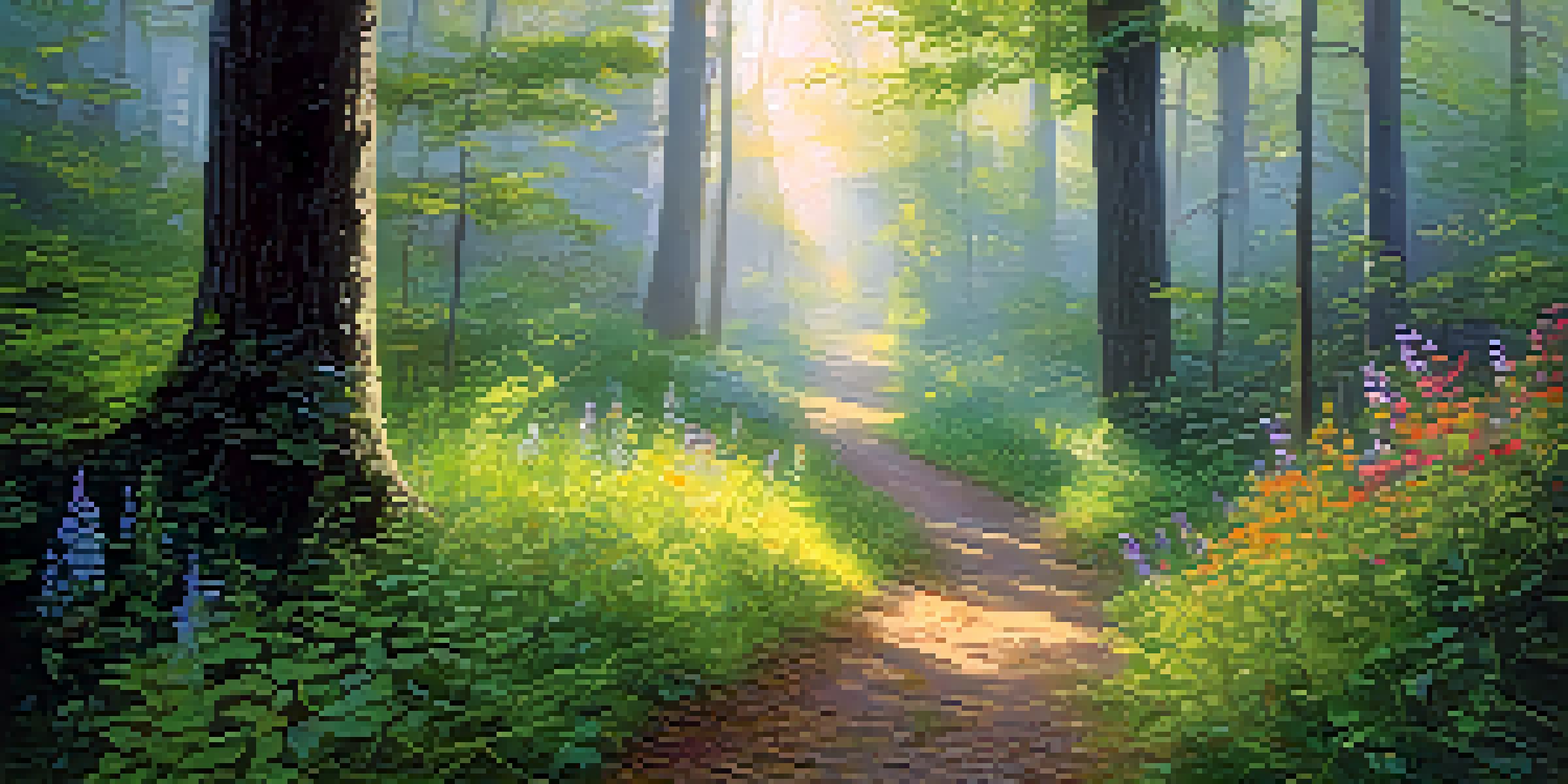 A peaceful forest path with sunlight shining through trees and colorful wildflowers in a clearing.
