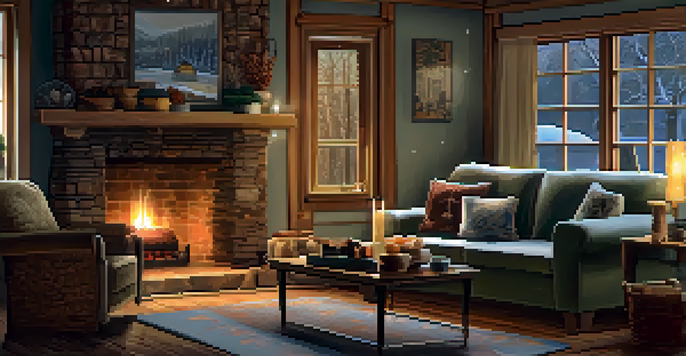A warm living room with a fireplace and snow falling outside, highlighting a heating system.