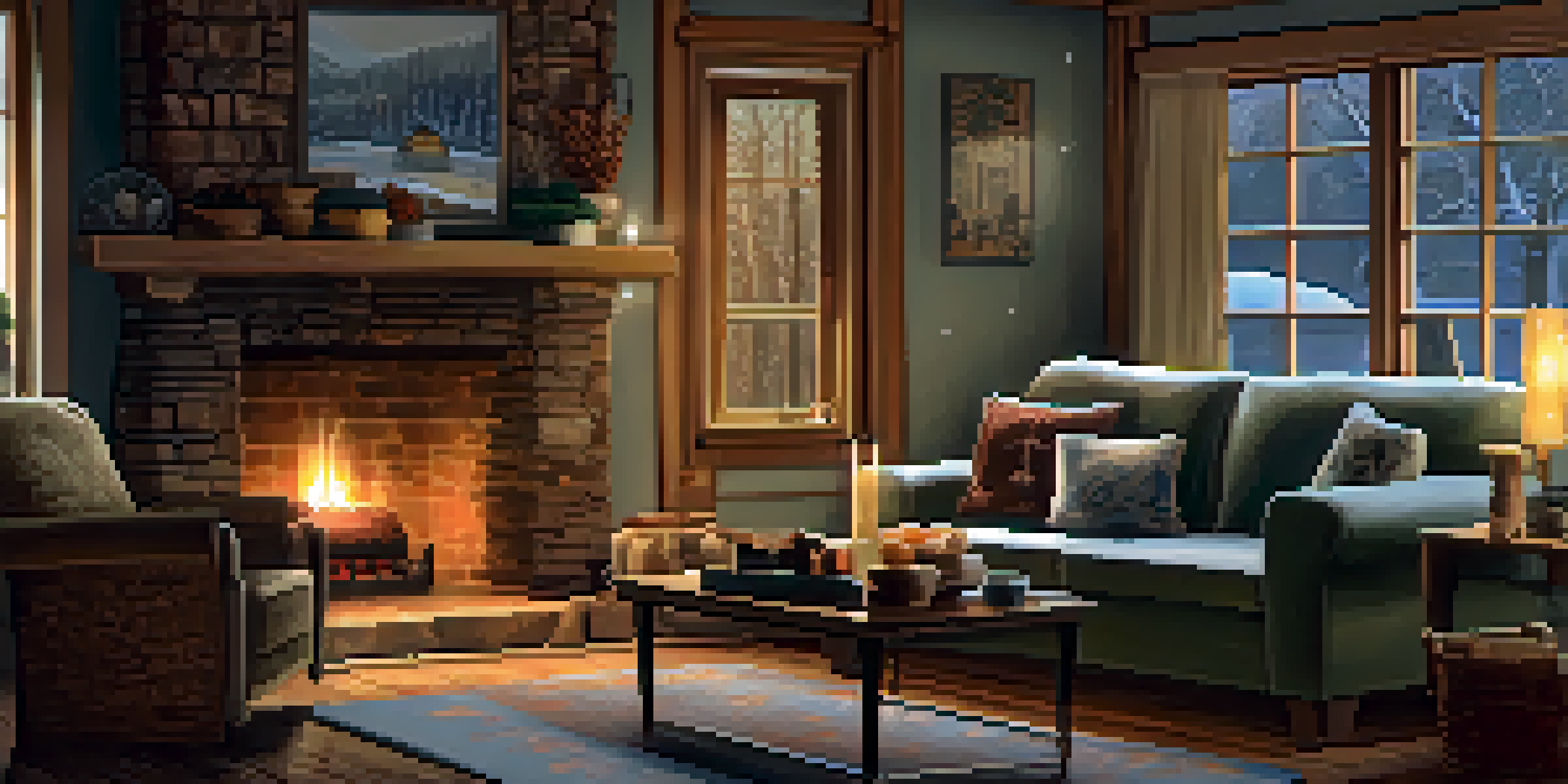 A warm living room with a fireplace and snow falling outside, highlighting a heating system.