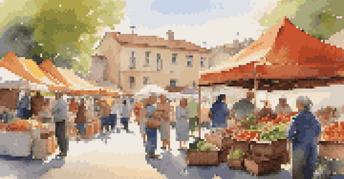 A local farmer's market bustling with people, colorful stalls filled with fresh produce, and warm morning light illuminating the scene.