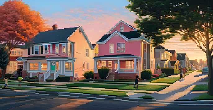 A peaceful suburban neighborhood during sunset with families and children playing outside.