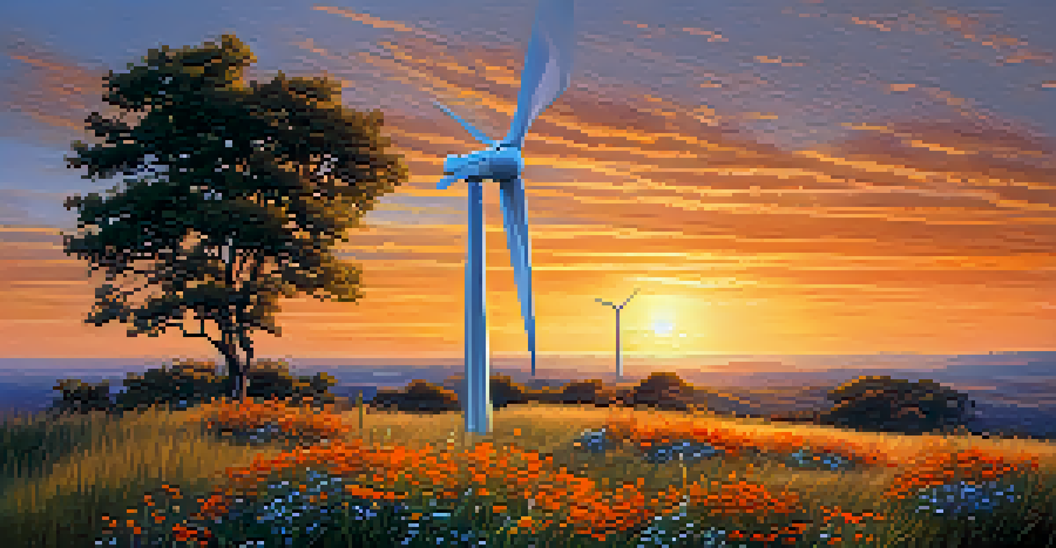 A wind turbine on a grassy hill during sunset, with colorful flowers in the foreground and a vibrant sky filled with orange and gold hues.