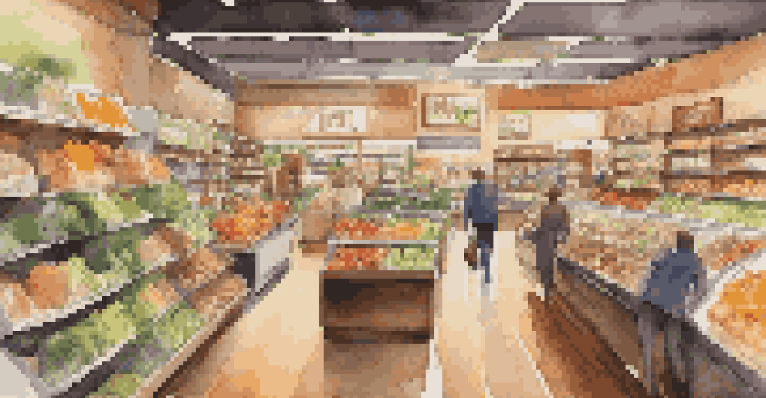 An upscale grocery store interior featuring colorful organic products and a warm, inviting atmosphere.