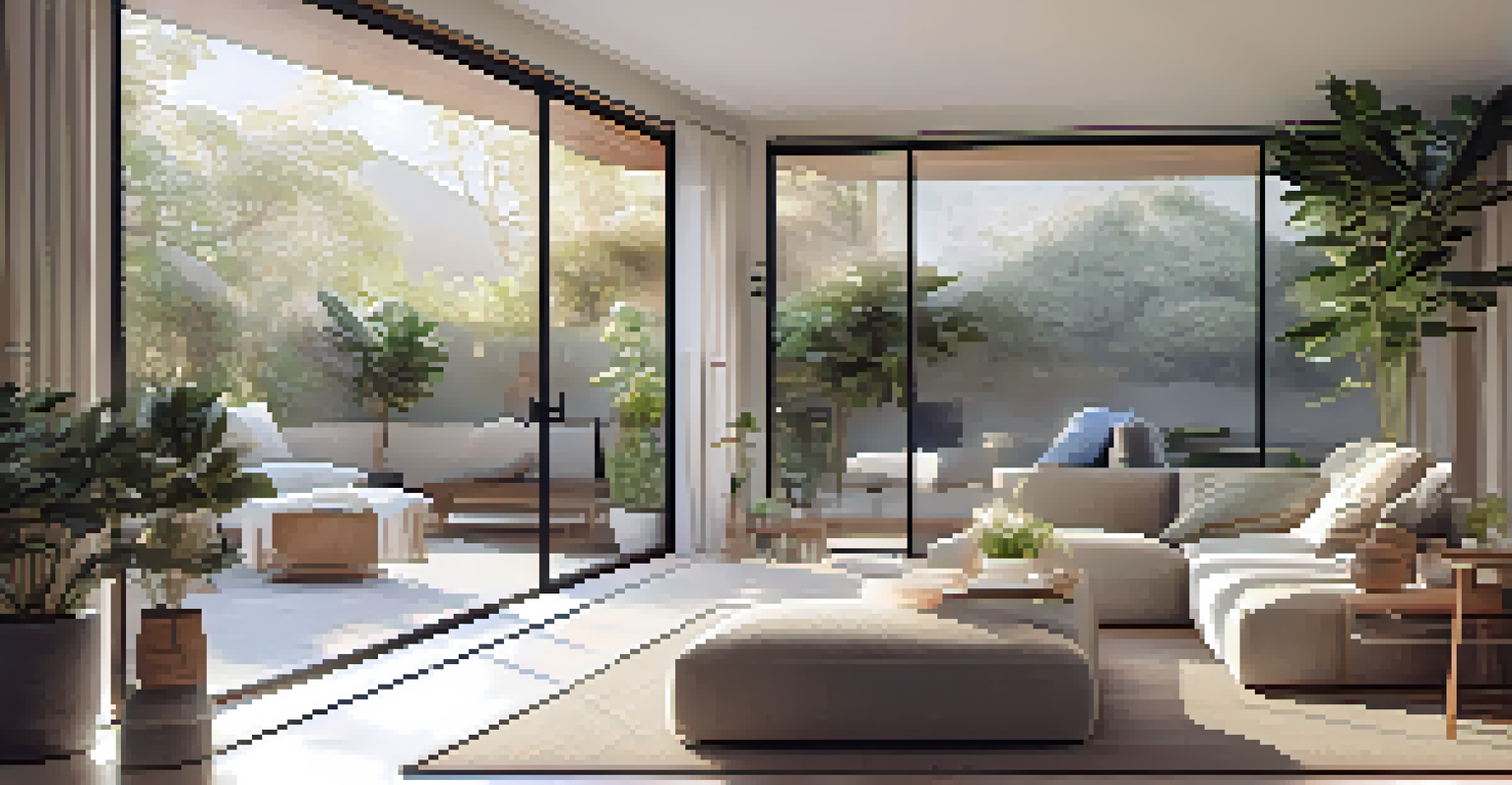 A peaceful open concept living space with sunlight pouring in, showcasing a cozy seating area and views of the garden.
