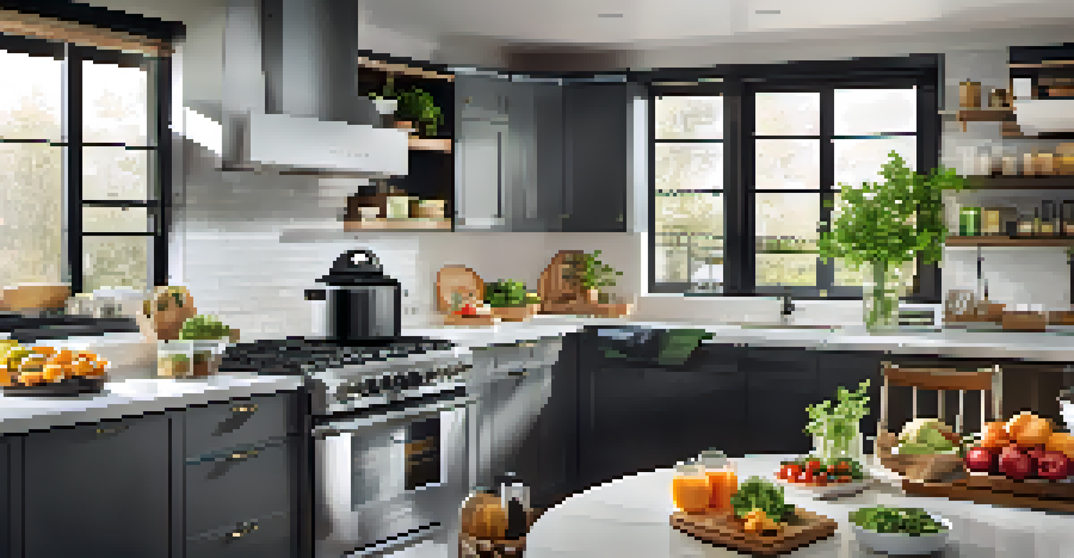 A modern kitchen featuring smart appliances and a digital recipe guide, with fresh ingredients and a bright atmosphere.