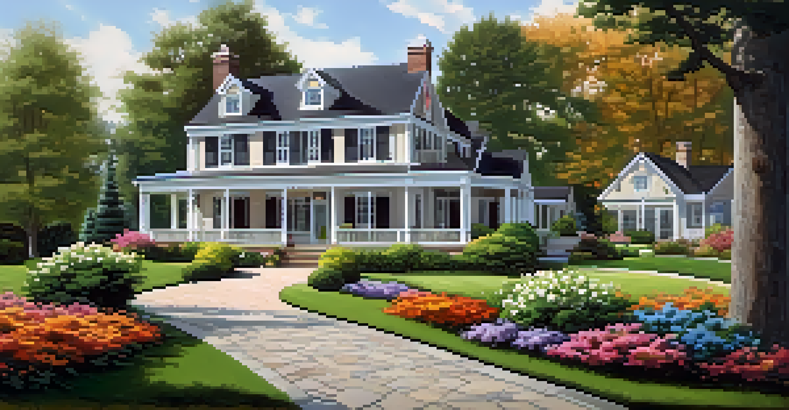 A beautifully landscaped front yard with a manicured lawn, stone pathway, ornamental shrubs, and colorful flowers, set against a classic two-story house.
