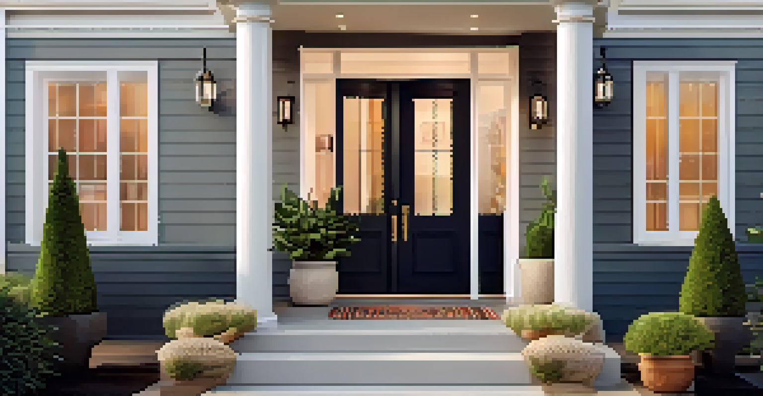 A cozy home entryway featuring potted plants, a stylish bench, and warm outdoor lighting, creating an inviting atmosphere.