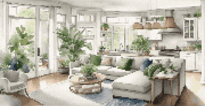 An open concept living space with a kitchen, dining area, and living room, filled with natural light and decorated in light, neutral colors.