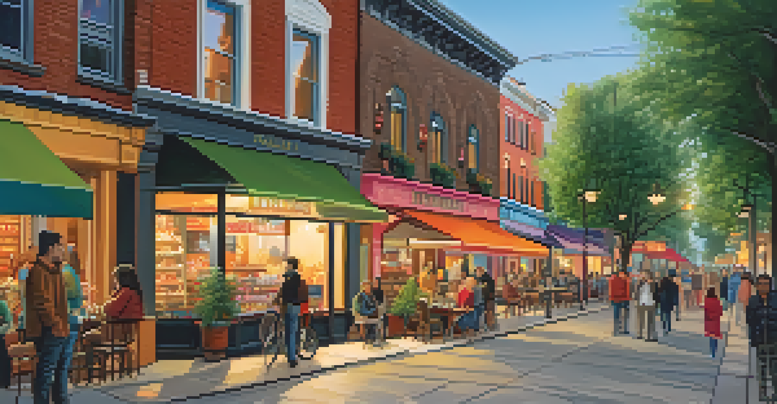 A lively street scene with cafes and shops, where people walk and bike along tree-lined sidewalks, illuminated by warm lights.
