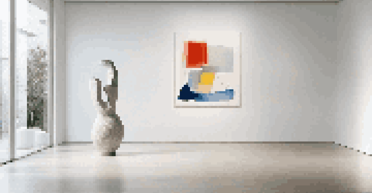 A minimalist space with a large abstract painting on a white wall and a small sculpture on a table, creating an open and airy feel.