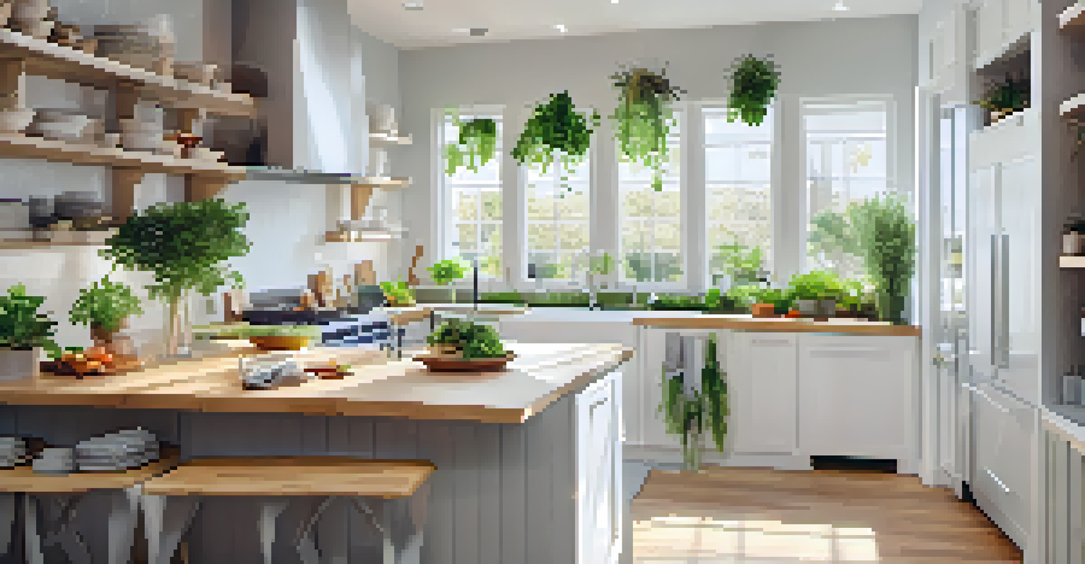 A bright kitchen with bamboo countertops and LED lighting, filled with indoor herbs by the window, in a fresh and inviting design.