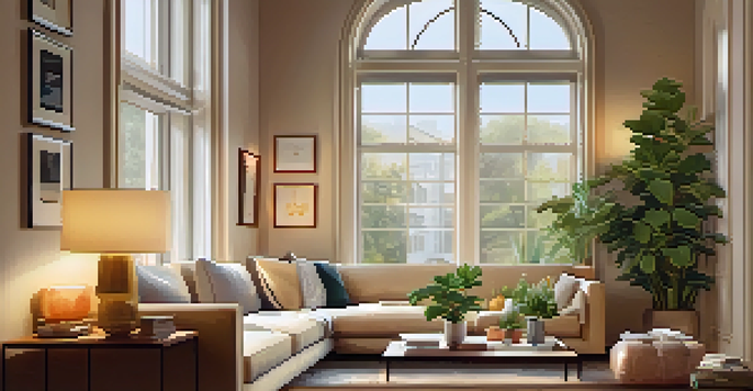 A warm and inviting living room with LED lighting, a sofa, coffee table, and houseplants.