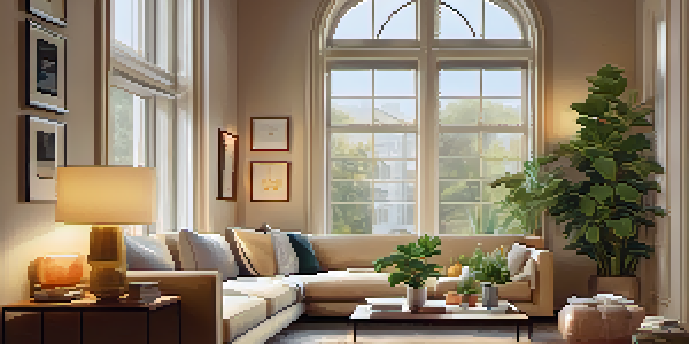 A warm and inviting living room with LED lighting, a sofa, coffee table, and houseplants.