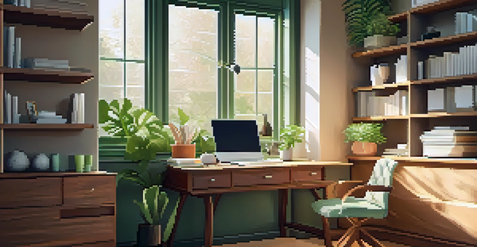 A tranquil home office with a wooden desk and laptop, illuminated by natural sunlight, showcasing a peaceful atmosphere for financial planning.