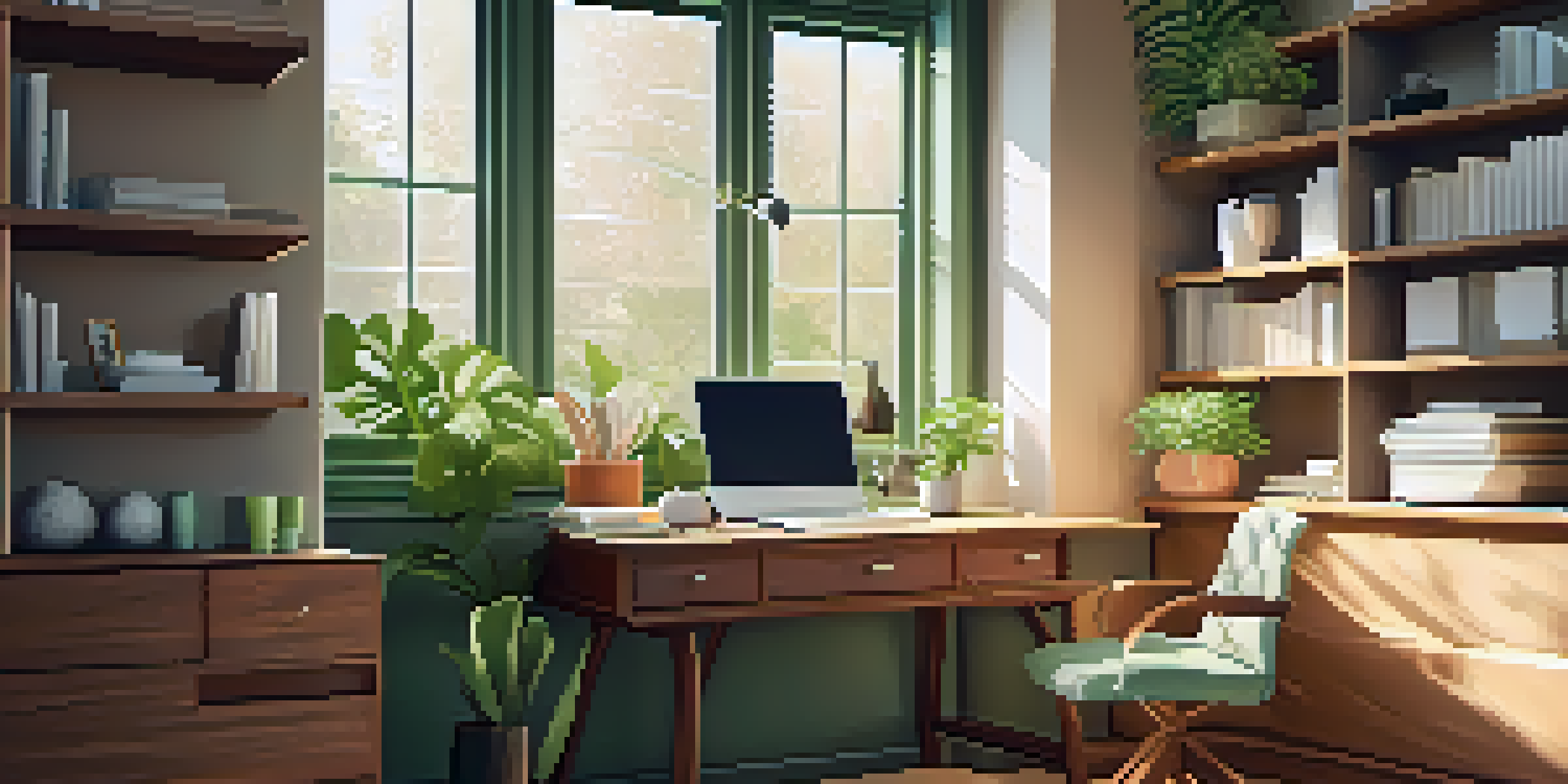 A tranquil home office with a wooden desk and laptop, illuminated by natural sunlight, showcasing a peaceful atmosphere for financial planning.