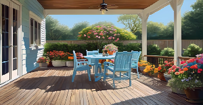 A vibrant outdoor deck painted light blue, decorated with flowers and a grill, under bright sunlight.