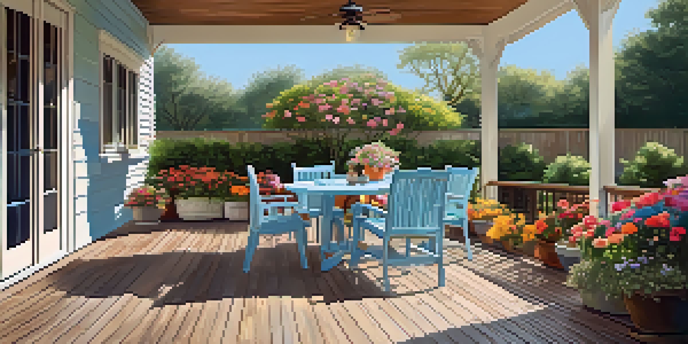 A vibrant outdoor deck painted light blue, decorated with flowers and a grill, under bright sunlight.