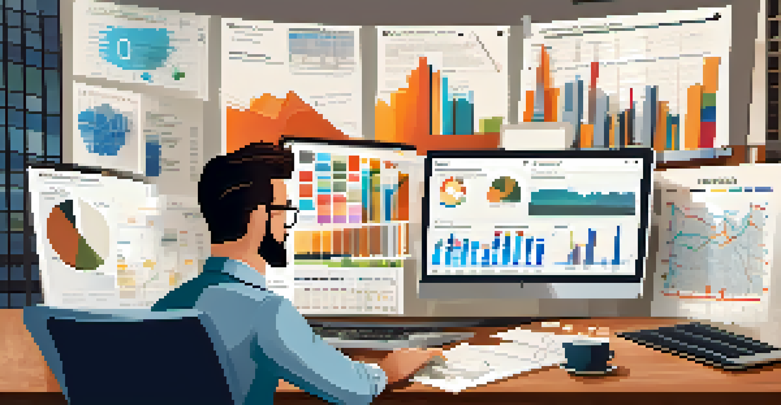 A real estate investor at a desk reviewing rental market data on a laptop, surrounded by charts and a coffee cup, in a professional setting.