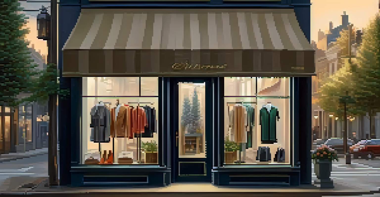 A boutique clothing store with a stylish window display, located on a tree-lined street.