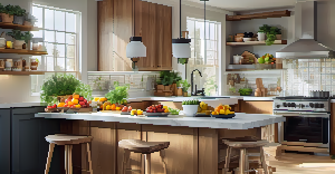 A modern, inviting kitchen with an island, wooden cabinets, and fresh herbs on the countertop, illuminated by natural light.